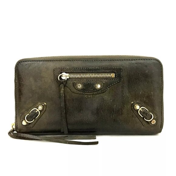 BALENCIAGA Classic Continental Leather Zip Around Long Wallet Khaki/3AG0256 - Picture 1 of 8